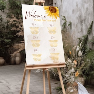 Zonnebloem bewerkbare stoelindeling babyshower A2, gepersonaliseerd welkomstbord, babyshower extra, plattegrond zomerbloemenfeest, LB0014