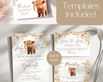 Boho Highland Cow Baby Shower Invitation Bundle, Instant Download, Holy Cow Baby Shower Invitation Set, Gender Neutral Baby Shower, LB1003