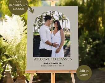 May include: A light gray welcome sign with an archway design featuring a photo of a couple. The text reads "Welcome to Joanne's Baby Shower December 21st, 20XX".