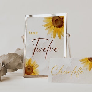 Número de mesa y tarjeta de lugar de baby shower editables de girasol, baby shower personalizable unisex, papelería de mesa de fiesta de flores de verano, LB0014