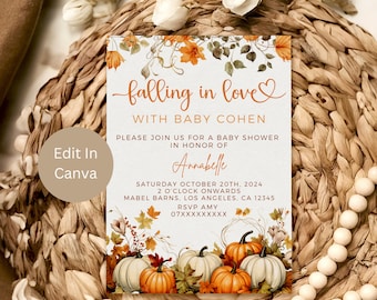Invitación de baby shower de enamorarse, invitación de baby shower de Halloween, plantilla editable, invitación de baby shower floral de otoño, ducha de otoño, LFL