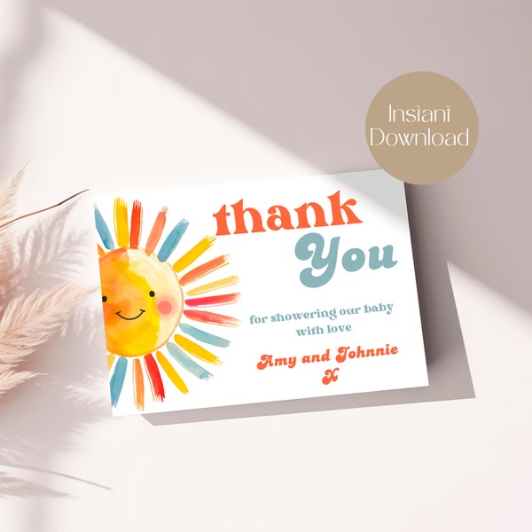 Here Comes The Son Baby Shower Thank You Card, Sunshine Baby Shower Printable, Sun themed shower, Summer editable, Instant Download, LB1006