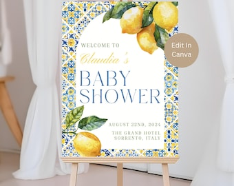 Mediterranean Italian Lemon Tile Baby Shower Welcome Sign, Positano Baby Shower, Amalfi Coast, Citrus Tile, canva editable template, MLT