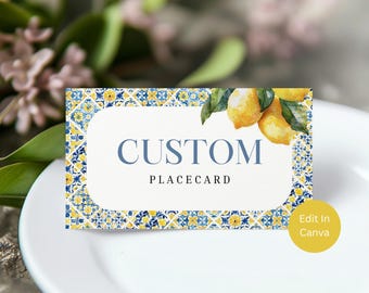 Plaatskaartsjabloon Italiaanse Amalfikust, bewerkbare citroenthema bruiloft buffetkaart, Positano-thema, afdrukbare naam, instant download, Elena