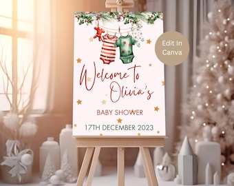 Santa Baby Baby Shower Welcome Sign Template, Christmas Baby Shower, A Little Merry Baby Shower Sign, Instant Download, Winter Baby, LB0036