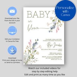 K&ouml;nnte beinhalten: Eine wei&szlig;e Babyparty-Einladung mit einem Aquarell-Blumenmuster. Der Text lautet "Baby in Bloom" und enth&auml;lt den Namen "Rose Jacobs" und das Datum "Samstag, 16. August 2023".