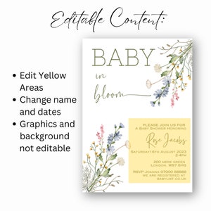 K&ouml;nnte beinhalten: Eine gelbe und wei&szlig;e Babyparty-Einladung mit floralem Design. Der Text lautet "Baby in Bloom" und enth&auml;lt den Namen "Rose Jacobs" und das Datum "Samstag, 16. August 2023".