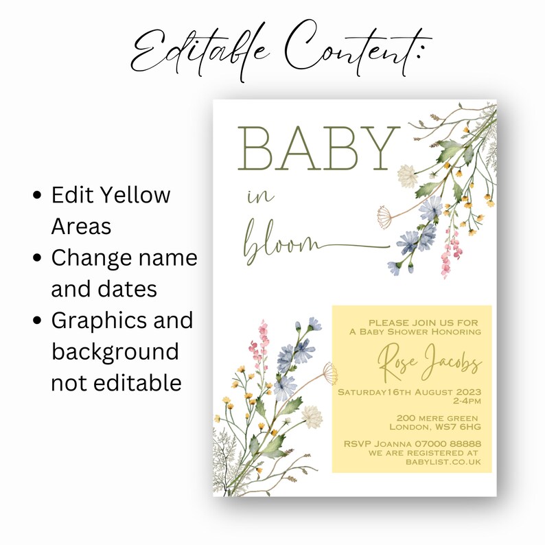 K&ouml;nnte beinhalten: Eine gelbe und wei&szlig;e Babyparty-Einladung mit floralem Design. Der Text lautet "Baby in Bloom" und enth&auml;lt den Namen "Rose Jacobs" und das Datum "Samstag, 16. August 2023".