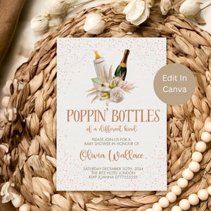 Poppin Bottles Holiday Party Invite, Gender Neutral, Editable Template, Baby Sprinkle, Printable Champagne Baby Shower Invite, Canva, LB0040