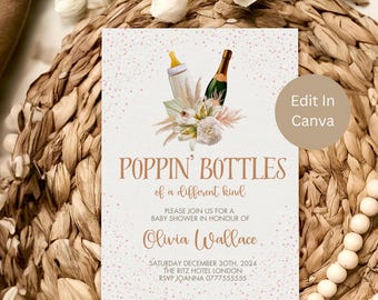 Poppin Bottles Holiday Party Invite, Gender Neutral, Editable Template, Baby Sprinkle, Printable Champagne Baby Shower Invite, Canva, LB0040
