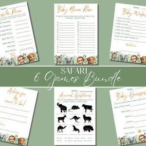 Paquete de juegos de baby shower Safari, paquete de juegos editables en la jungla, lindos animales bebé baby shower imprimible, 6 juegos, género neutro, LB0009