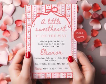 Valentines Baby Shower Invitation, Little Sweetheart Editable Template, Heart Baby Shower Decor, Girl Invite