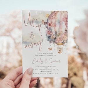 Hot Air Balloon Baby Shower Invitation Template | Baby Girl Invitation | Digital Download | Virtual Baby Shower Invite | Up Up Away LB0038