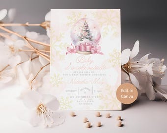 Pink Snow globe Christmas Baby Shower Invite, Baby It's Cold Outside Snowflake Invitation Template