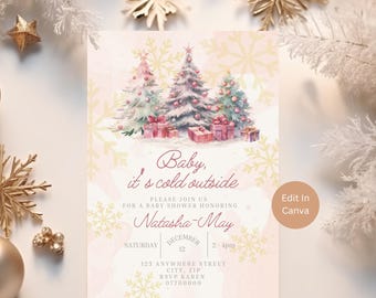 Pink Christmas Tree Baby Shower Invite, Baby It's Cold Outside Snowflake Invitation Template, PCT
