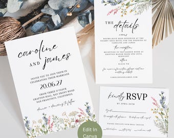 Wildflower Wedding Invitation Suite, Floral Wedding Invitation, Editable Template, Instant Download, DIY Wedding, Customizable, Billie