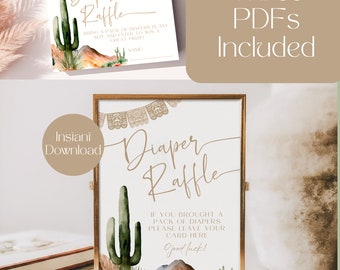 May include: A printable sign for a diaper raffle with a desert theme. The sign features a cactus, mountains, and a banner with the text "Diaper Raffle". The text "If you brought a pack of diapers please leave your card here. Good luck!" is also included.