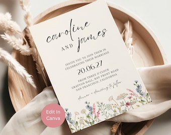 Wildflower Wedding Invitation, Floral Wedding Invitation Template, Editable Digital Invite, Instant Download, Customizable Invite, Billie