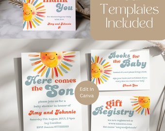 Here Comes The Son, Sunshine Baby Shower Invitation Bundle, Canva Template, Sun Theme, Here Comes The Sun Baby Shower Invite Bundle, LB1006