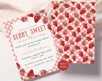 May include: A pink and white gingham baby shower invitation with a red strawberry pattern. The text reads "Someone Berry Sweet is on the way" and includes the name "Carla & Adam" and the date "Saturday, August 12th, 20XX".
