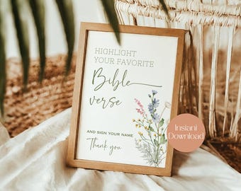 Highlight Bible Verse Baby Shower Guest Book Sign, Wildflower Baby In Bloom, Printable Favorite Scripture Sign, Instant Download, LB0031