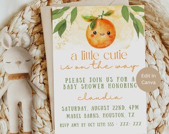A Little Cutie Is On The Way Baby Shower Invitation, Citrus Baby Shower, Orange Baby Shower Invite, Gender Neutral, Editable Template, CLC