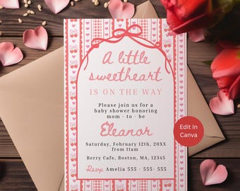 Valentines Baby Shower Invitation, Little Sweetheart Editable Template, Heart Baby Shower Decor, Girl Invite