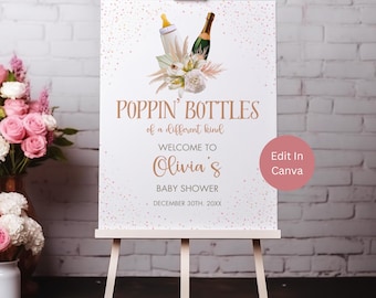 Letrero de bienvenida para baby shower con diseño de Poppin Bottles, decoración navideña con temática de Baby Sprinkle, plantilla digital personalizable, color champán, LB0040