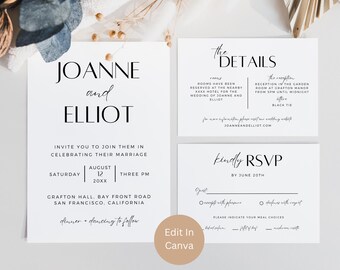 Op de afbeelding: Elegante trouwuitnodigingssuite met minimalistisch design. Bevat de namen "Joanne en Elliot" in een stijlvol lettertype, samen met evenementdetails. Inclusief RSVP- en detailkaarten. De suite staat tegen een witte achtergrond.