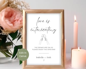 Minimal Love Is Intoxicating Wedding Bar Sign, Open Bar Sign, Custom Sign Template, Editable Elegant Wedding Sign, Instant Download, Freya