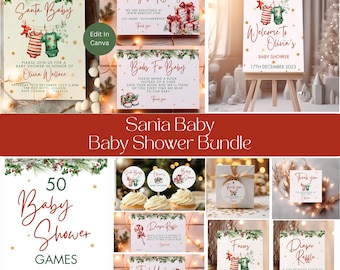 May include: A Christmas-themed baby shower bundle with a variety of printable items, including invitations, games, and decorations. The bundle features a red and green color scheme with illustrations of Santa Claus, baby clothes, and other festive elements. The text on the items includes "Santa Baby", "Baby Shower", "Games", and "Olivia's Baby Shower".