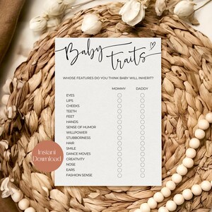 Juego de rasgos mínimos del bebé, juego de adivinar las características del bebé para baby shower, género neutro, actividad para baby shower, juego imprimible, baby shower moderno