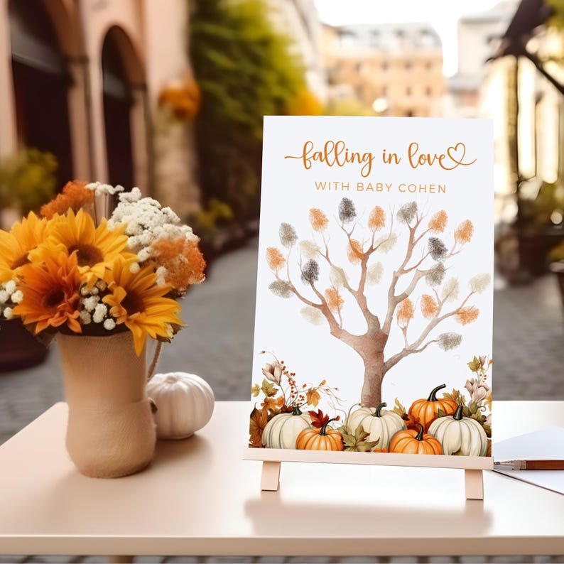 Thuumprint Sign Fall in Love Baby Shower Thumbprint Sign, Autumnal Thumbprint Shower ...
