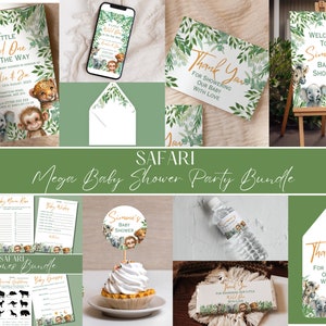 Safari Baby Shower Party Mega Bundle, editable party favor template, personalised invite instant download, jungle baby shower unisex, LB0009