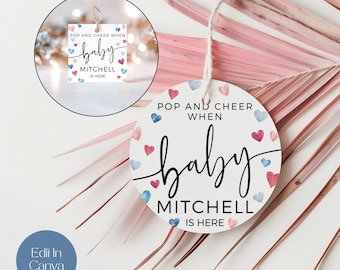 Etiqueta de regalo con texto "Little Sweetheart Pop And Cheer When Baby Is Here", etiqueta de agradecimiento, etiqueta de regalo con forma de botella de champán, baby shower con corazón azul y rosa, LSW