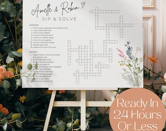 Sip and Solve Done for You, Personalized Wildflower Wedding Crossword Puzzle, Customized Wedding Game, Interactive Fun Wedding Activity