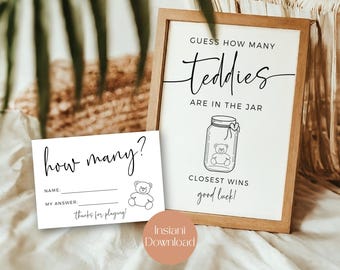 Guess How Many Teddies Are In The Jar Baby Shower Game, Baby Shower Activity, Printable Sign, Minimal Baby Shower, PDF Instant Download