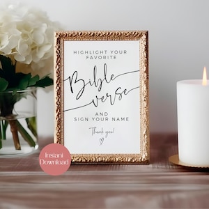 Puede incluir: Un cartel con marco dorado, fondo blanco y texto negro que dice "Resalta tu versículo bíblico favorito y firma tu nombre. ¡Gracias!" con un símbolo de corazón.