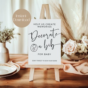 Lätzchen Dekorieren Station druckbare Zeichen, Dekorieren Sie ein Lätzchen für Baby druckbare Zeichen, Lätzchen dekorieren Spiel, minimale Babyparty, Sofort Download