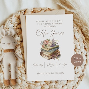 Boek babyshower Save the Date, verhalenboek babyshowerkaart, babyshower met boekthema, een nieuw hoofdstuk staat op het punt te beginnen babyshower, LB1002