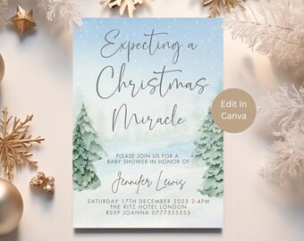 May include: A blue and white baby shower invitation with a winter wonderland theme. The invitation reads "Expecting a Christmas Miracle" and includes the name "Jennifer Lewis".