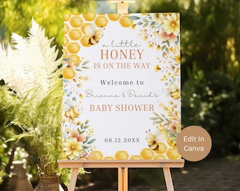 A Little Honey Is On The Way Baby Shower Welcome Sign Template, Baby Shower Sign, Instant Download, Mom To Bee Theme Welcome Poster, LHB