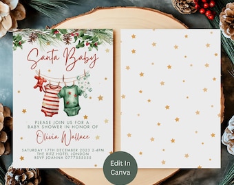 May include: A baby shower invitation with the text "Santa Baby" in red script. The invitation features illustrations of baby clothes hanging on a clothesline. The invitation includes the name "Olivia Wallace" and event details.