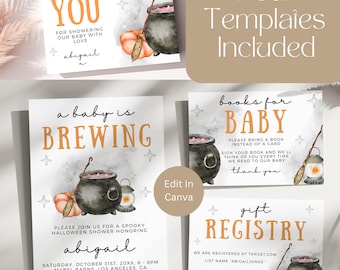 A Baby Is Brewing Baby Shower Invitation Bundle, Halloween Baby Shower, Autumn Shower, Gift Registry, Books for Baby, Editable template, LBW