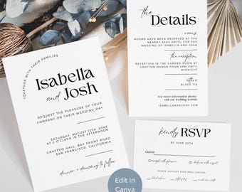 Op de afbeelding: Een set van drie witte trouwuitnodigingskaarten met zwarte tekst. De hoofdpas zegt "Isabella and Josh" en bevat evenementdetails. De tweede kaart geeft receptie-informatie. De derde kaart is een RSVP-kaart. De woorden "Edit In Canva" staan in een blauwe cirkel.