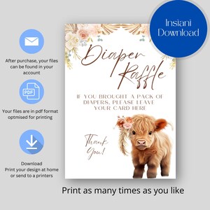 Nappy Raffle Highlander Baby Shower Diaper Raffle Sign and Raffle Ticket, Boho Highland Cow ...