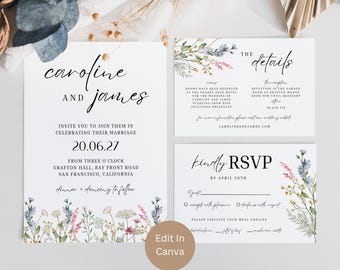 Wildflower Wedding Invitation Suite, Floral Wedding Invitation, Editable Template, Instant Download, DIY Wedding, Customizable, Billie