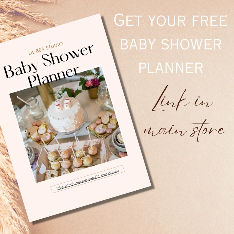 K&ouml;nnte beinhalten: Ein druckbarer Baby Shower-Planer mit einer rosa-wei&szlig;en Torte, Cupcakes und Cake Pops auf einem Tisch. Der Text auf dem Planer lautet "Holen Sie sich Ihren kostenlosen Baby Shower-Planer" und "Lil Bea Studio".