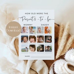Puede incluir: Una tarjeta de juego imprimible para una fiesta de bebé o una revelación de género. La tarjeta tiene un título que dice "¿Qué edad tenían los futuros padres?" y tiene una cuadrícula de nueve fotos de los padres a diferentes edades. La tarjeta también tiene un espacio para que el jugador escriba su nombre.