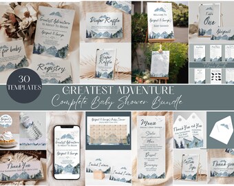 Puede incluir: Un conjunto de 30 plantillas imprimibles para baby shower con un tema de montaña y bosque. Las plantillas incluyen invitaciones, tarjetas de agradecimiento, un cartel de rifa de pañales, un cartel de registro, un cartel de bienvenida, un cartel de número de mesa, un menú, un cartel de adivinar las estadísticas del bebé, y mucho más. Las plantillas están en un esquema de color azul y gris con ilustraciones de acuarela de montañas y bosques.